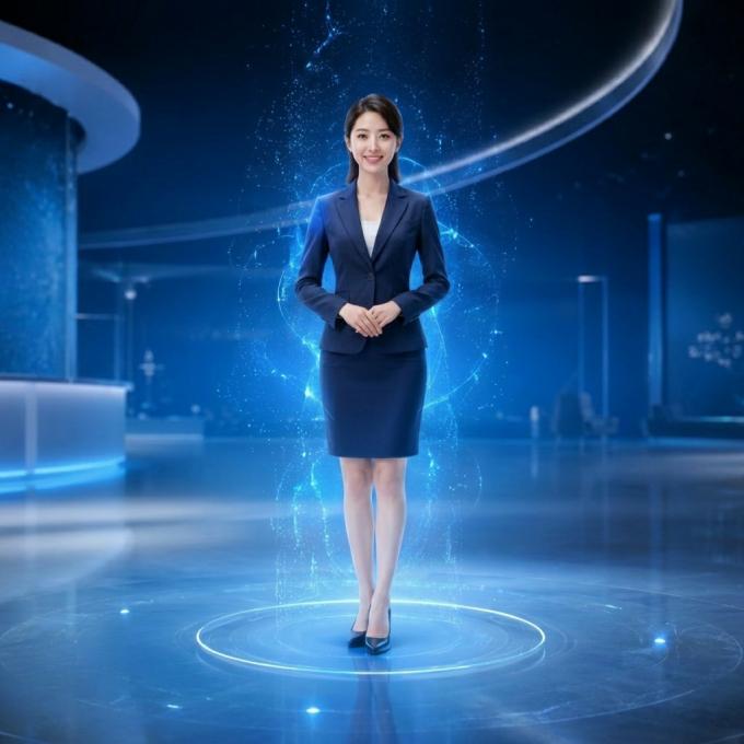 Yingmi AI digital receptionist Ã¢â¬â a lifelike female virtual assistant in a navy suit standing in a modern smart lobby with holographic blue light effects